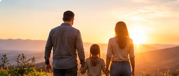 Family walking at sunset